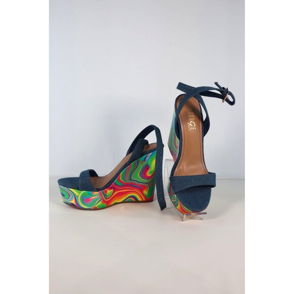 Rouge Helium by Denim Blue & Multicolor‎ Swirl Platform Wedge Sandals Size 8 - Picture 1 of 5